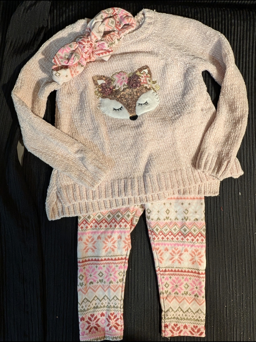 Pink Fox Sweater Leggings Outfit Set With Bow